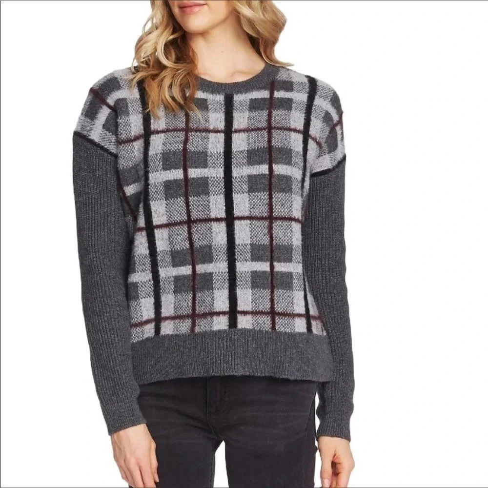 Vince Camuto Eyelash Plaid Sweater Long Sleeve Nwt